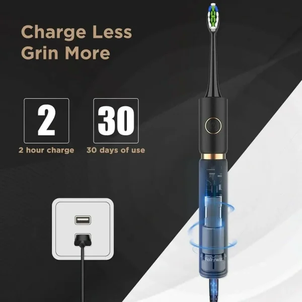 Fairywill P11 Sonic Whitening Electric Toothbrush Rechargeable USB Charger Ultra Powerful Waterproof 4 Heads and 1 Travel Case - Image 2