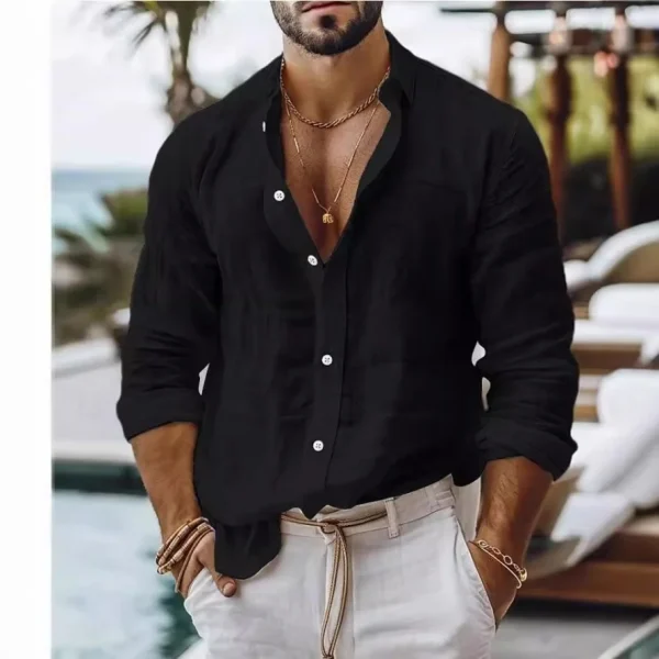 Men's Solid Color Cotton Linen Blend Breathable Sweat Absorbing Easy to Maintain Long Sleeved Shirt Business Casual Slim Fit - Image 2