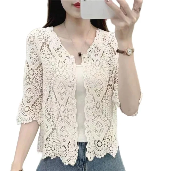 Women Knitted Lace Shrug Boho Hollow Crochet Floral 3/4 Sleeves Open Front Cropped Cardigan Elegant Mesh Sweater Coveup - Image 3