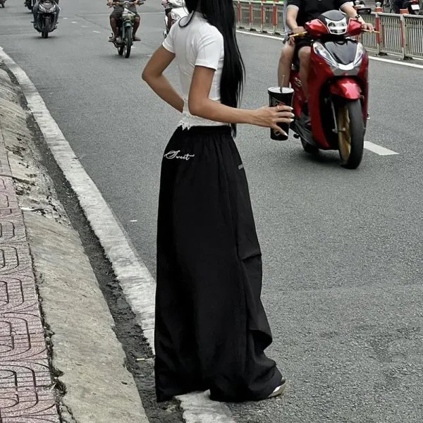 Street Lace Embroidery Casual Pants Women's Low Waist Loose Look Thin Spicy Girl Wide Leg Pants - Image 3