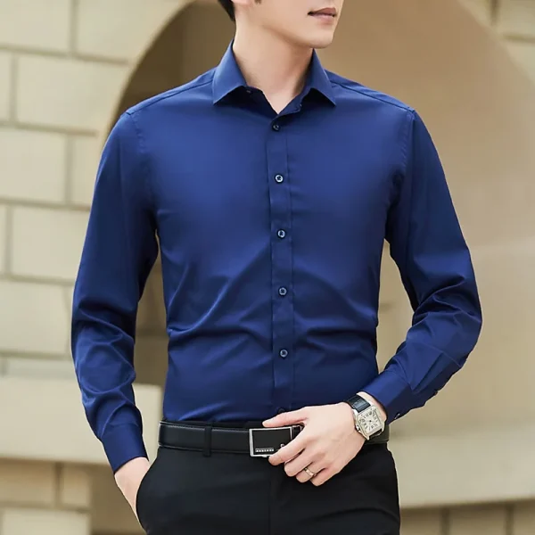 New Plus Size Men Solid Color Business Shirt Fashion Classic Basic Casual Slim White Long Sleeve Shirt Brand Clothes - Image 2