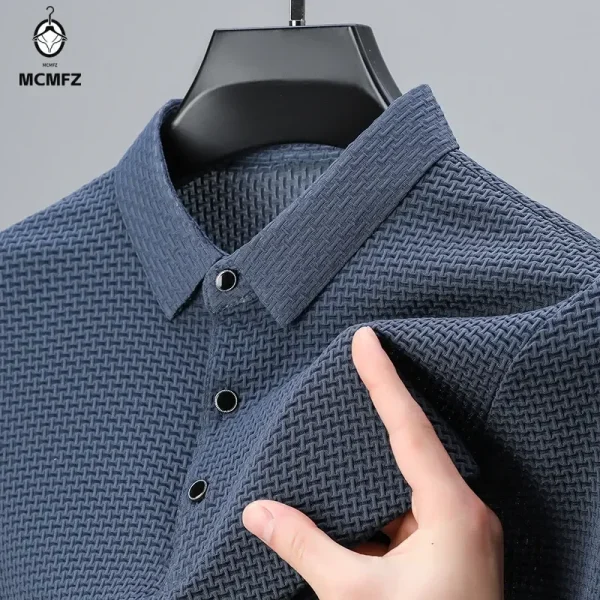 New Men's Checkered Short Sleeved Solid Color POLO Shirt Breathable and Comfortable Elastic Top - Image 5