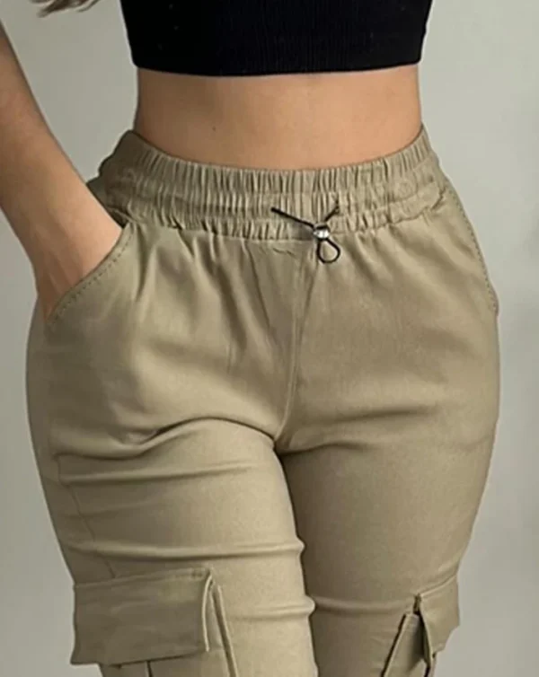 Women's Pants 2024 Summer Fashion Pocket Design Cuffed Drawstring Casual Plain High Waist Skinny Daily Knee-Length Pants - Image 2
