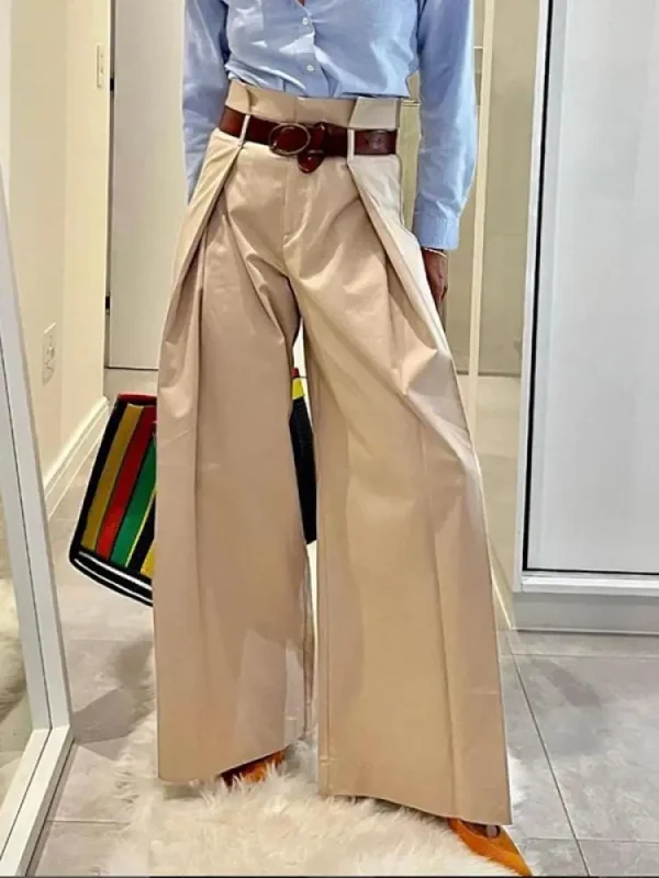 Freeacy 2024 Women's Fashion Commuter Pants Apricot Elastic High Waist Pleated Trousers Full-Length Wide Leg Bottoms for Female - Image 2
