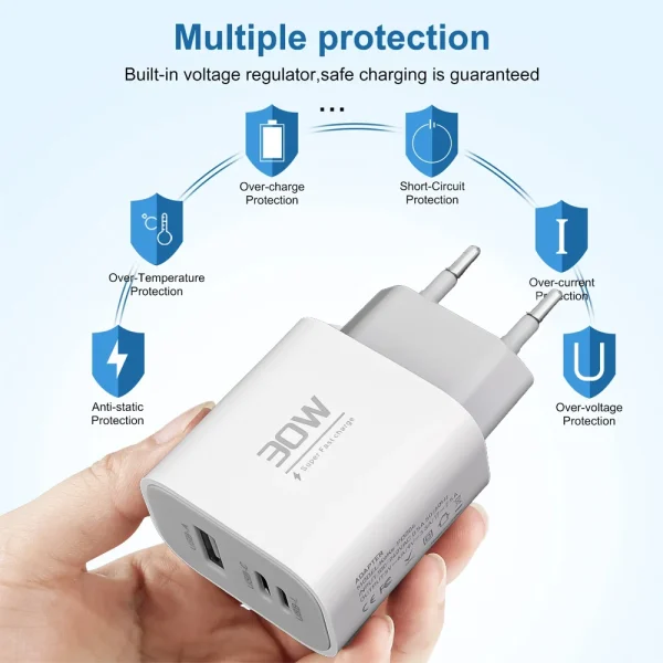 30W USB Type C Travel Charger For iPhone iPad Samsung Xiaomi Tablet Laptop Universal USB-C Fast Charging Chargers EU/US/UK Plug - Image 3