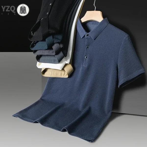 New Men's Business Casual Checkered Short Sleeved Solid Color POLO Shirt Fashionable Breathable and Comfortable Elastic Top - Image 5