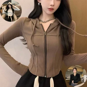 Spring Harajuku Solid Zipper Knitted Hoodies Women's Clothing Long Sleeve High Street Y2K Pullovers Running Hooded Sweatshirts