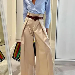 Freeacy 2024 Women's Fashion Commuter Pants Apricot Elastic High Waist Pleated Trousers Full-Length Wide Leg Bottoms for Female