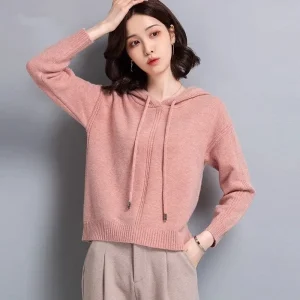 Hooded Sweatshirt Women's Short Cut Small Sweater Knitted Top Western-style Loose Fit Outerwear Base Coat