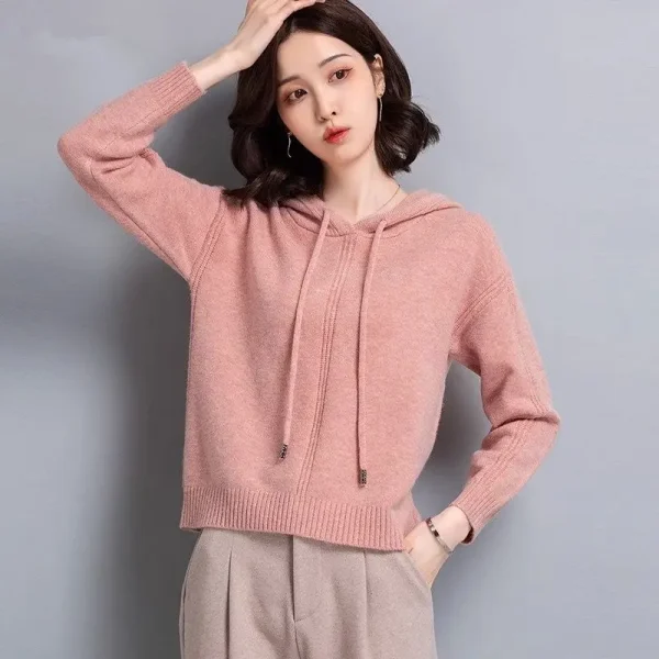 Hooded Sweatshirt Women's Short Cut Small Sweater Knitted Top Western-style Loose Fit Outerwear Base Coat