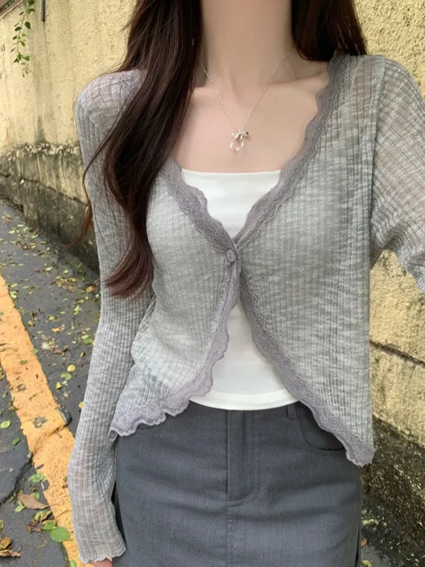 Lace Trim One Button Long Sleeve Crop Top Women Short Sleeve Open Front Ribbed Knit Cardigan Sweater Summer Fairycore Outfit - Image 2