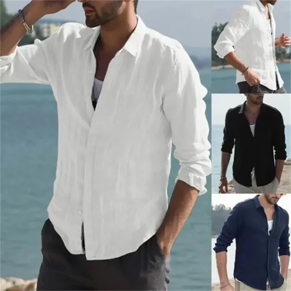 Summer Men's Solid Fashion Versatile Shirt Beach Cotton Linen Shirts Men Long Sleeved Cardigan Tops Turn Down Collar Slim Fit - Image 2