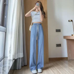 Summer Thin Elastic High-waisted Lace-up Tencel Jeans. New Narrow Version Straight-leg Casual Floor-length Wide-leg Jeans Women