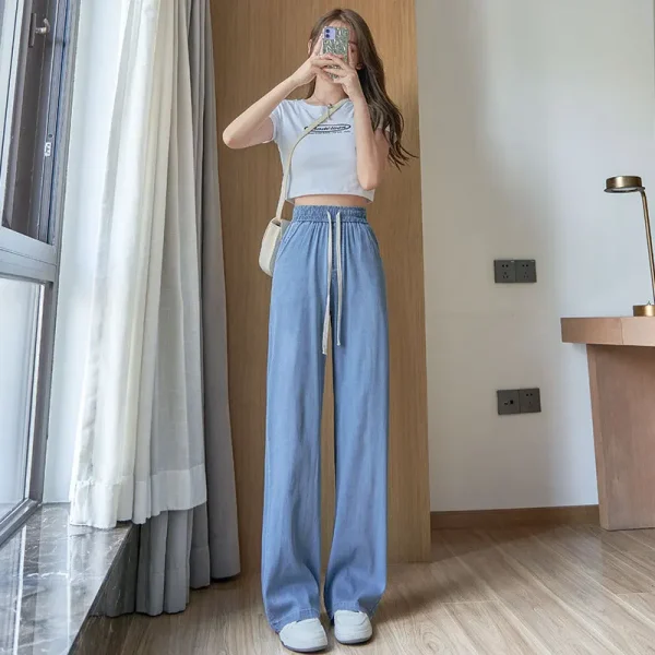 Summer Thin Elastic High-waisted Lace-up Tencel Jeans. New Narrow Version Straight-leg Casual Floor-length Wide-leg Jeans Women