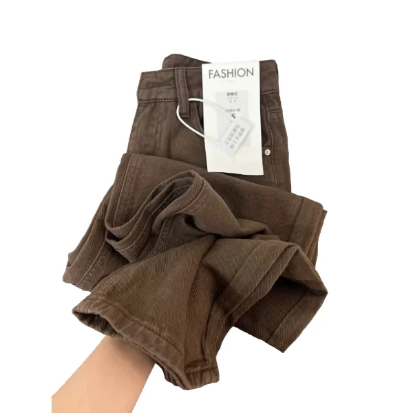 American Retro Brown Denim Trousers for Women Casual Solid Wide Leg Straight Long Jeans Daily All-Matched Commute Pants - Image 5