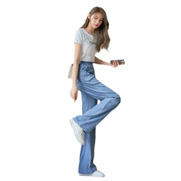 Summer Thin Elastic High-waisted Lace-up Tencel Jeans. New Narrow Version Straight-leg Casual Floor-length Wide-leg Jeans Women - Image 5