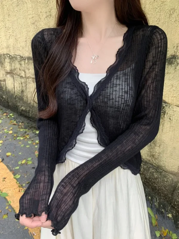 Lace Trim One Button Long Sleeve Crop Top Women Short Sleeve Open Front Ribbed Knit Cardigan Sweater Summer Fairycore Outfit - Image 3