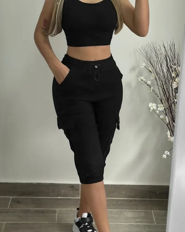 Women's Pants 2024 Summer Fashion Pocket Design Cuffed Drawstring Casual Plain High Waist Skinny Daily Knee-Length Pants - Image 6
