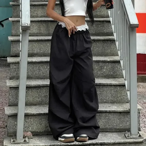 Street Lace Embroidery Casual Pants Women's Low Waist Loose Look Thin Spicy Girl Wide Leg Pants - Image 2