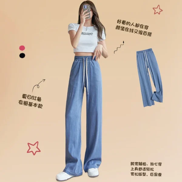 Summer Thin Elastic High-waisted Lace-up Tencel Jeans. New Narrow Version Straight-leg Casual Floor-length Wide-leg Jeans Women - Image 2
