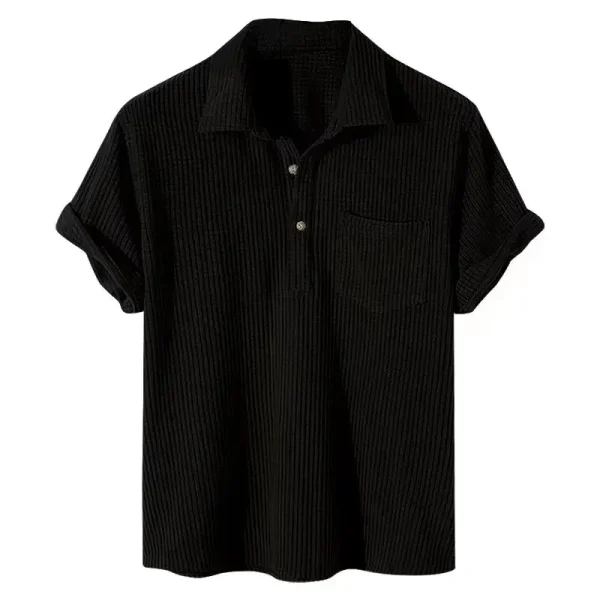 2025 Summer Mens Casual Plaid Polo Shirts Top Turn-Down Collar Button Blouse Short Sleeve Solid Pocket Blouse Shirt Men Clothing - Image 3