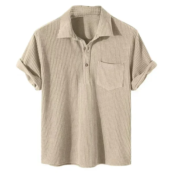 2025 Summer Mens Casual Plaid Polo Shirts Top Turn-Down Collar Button Blouse Short Sleeve Solid Pocket Blouse Shirt Men Clothing