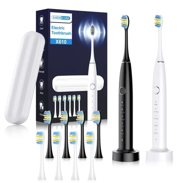 Sarmocare Electric Sonic Toothbrush with 6 Pcs Replacement Heads Waterproof Electronic Tooth Brushes Replacement Heads Adult