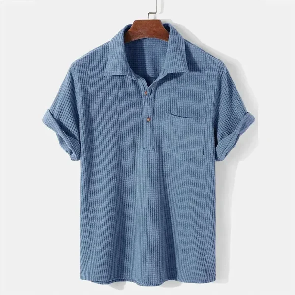 2025 Summer Mens Casual Plaid Polo Shirts Top Turn-Down Collar Button Blouse Short Sleeve Solid Pocket Blouse Shirt Men Clothing - Image 5