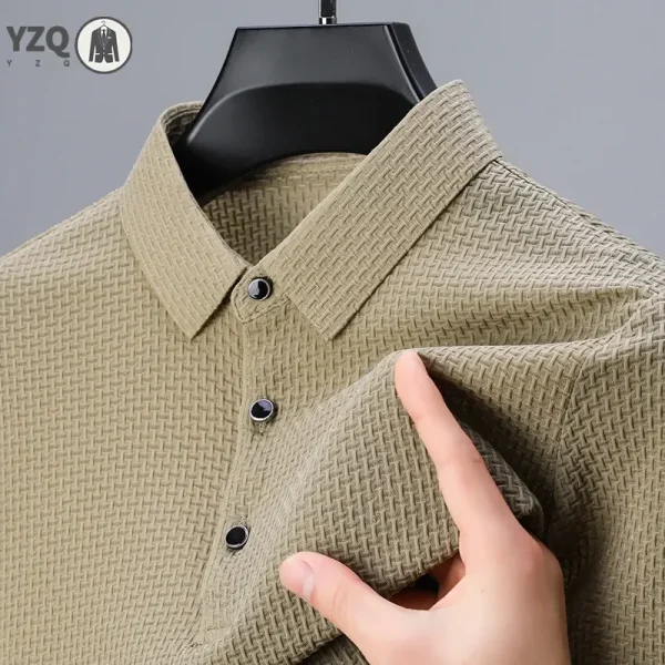 New Men's Business Casual Checkered Short Sleeved Solid Color POLO Shirt Fashionable Breathable and Comfortable Elastic Top - Image 2