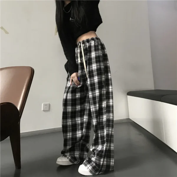 Oversize Women Sweatpants Fashion Black Plaid Casual Pants Baggy Elastic Waist Pockets Student Unisex Hip Hop Loose Trousers - Image 4