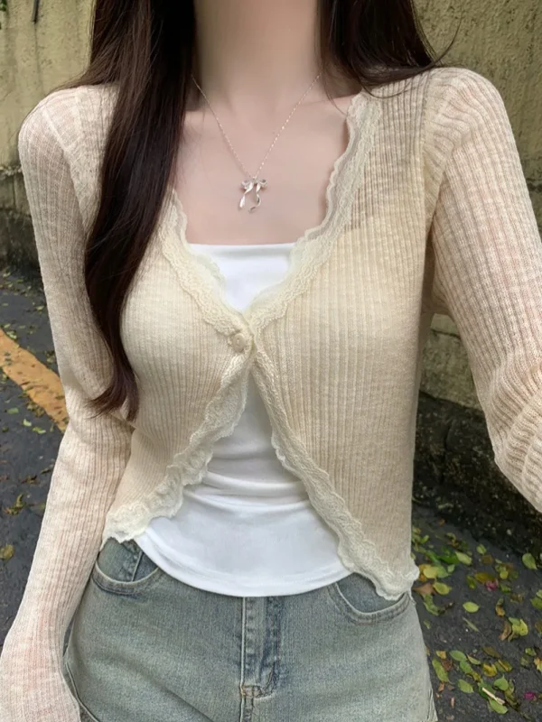 Lace Trim One Button Long Sleeve Crop Top Women Short Sleeve Open Front Ribbed Knit Cardigan Sweater Summer Fairycore Outfit - Image 5