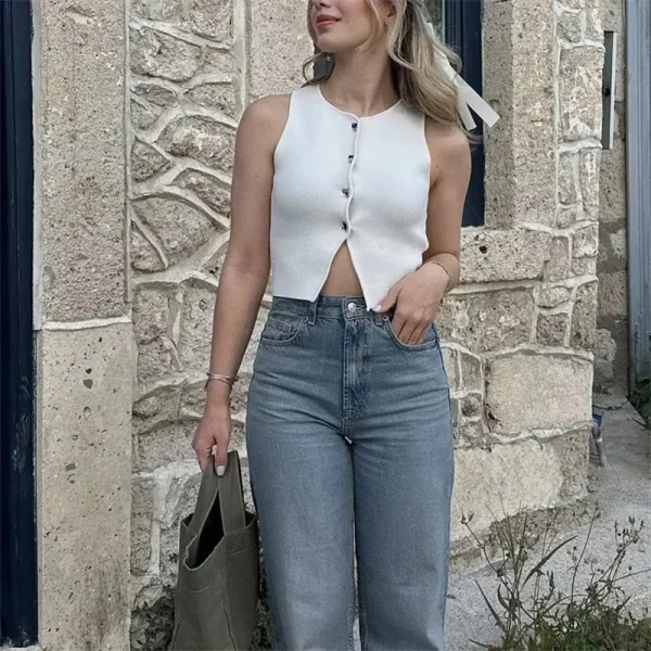 MUJER Cropped Knit Vest Women Cardigan White Sleeveless Vest Woman Fashion Button Knitted Sweater Vest Female Summer Short Tops - Image 6