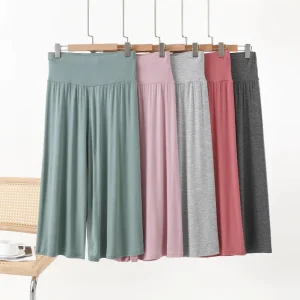 Summer Modal Plus Size Loose Wide Leg Pants, Korean Style High Waisted Slimming Cropped Casual Flowy Trousers