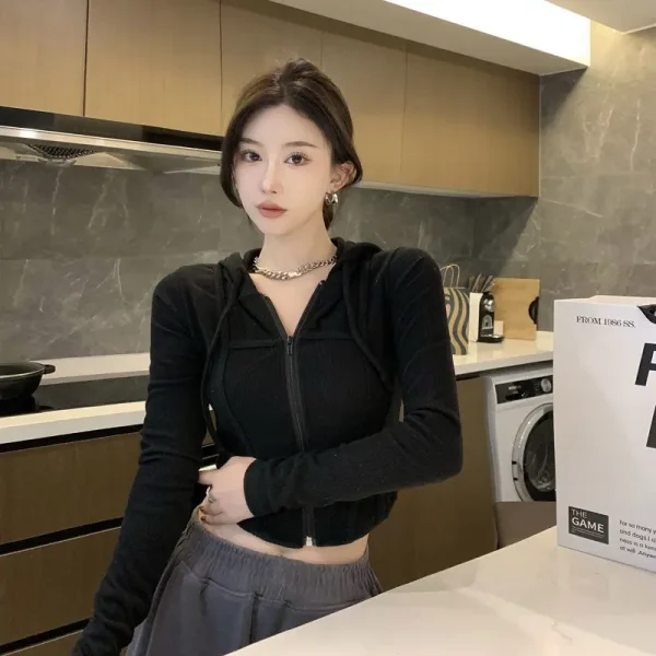 Spring Harajuku Solid Zipper Knitted Hoodies Women's Clothing Long Sleeve High Street Y2K Pullovers Running Hooded Sweatshirts - Image 6