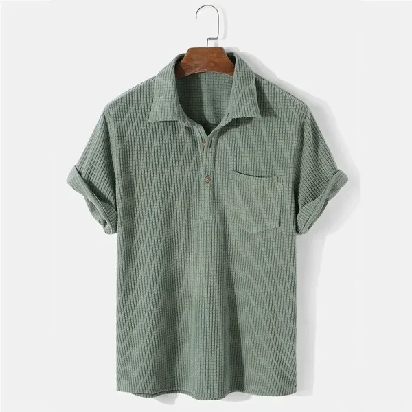 2025 Summer Mens Casual Plaid Polo Shirts Top Turn-Down Collar Button Blouse Short Sleeve Solid Pocket Blouse Shirt Men Clothing - Image 4