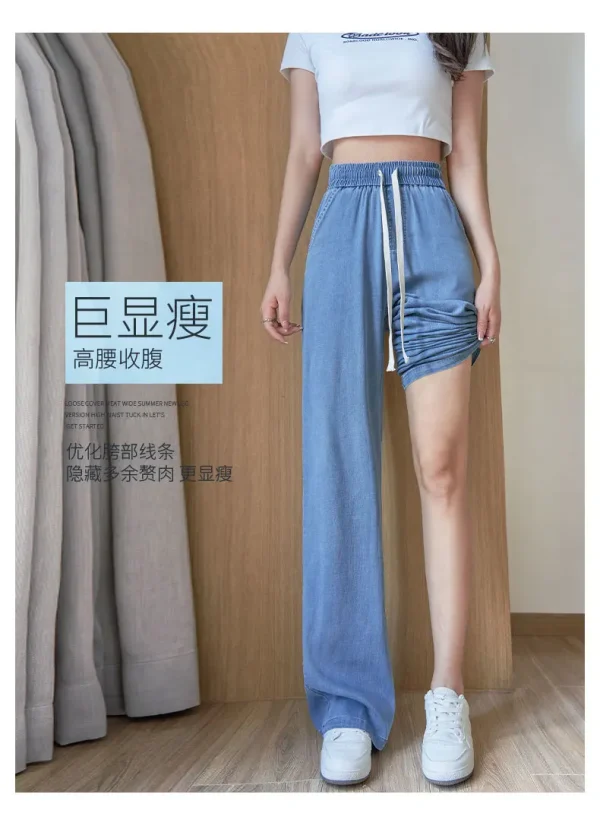 Summer Thin Elastic High-waisted Lace-up Tencel Jeans. New Narrow Version Straight-leg Casual Floor-length Wide-leg Jeans Women - Image 6