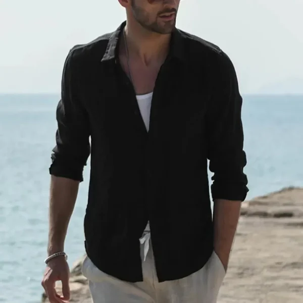 Summer Men's Solid Fashion Versatile Shirt Beach Cotton Linen Shirts Men Long Sleeved Cardigan Tops Turn Down Collar Slim Fit - Image 4