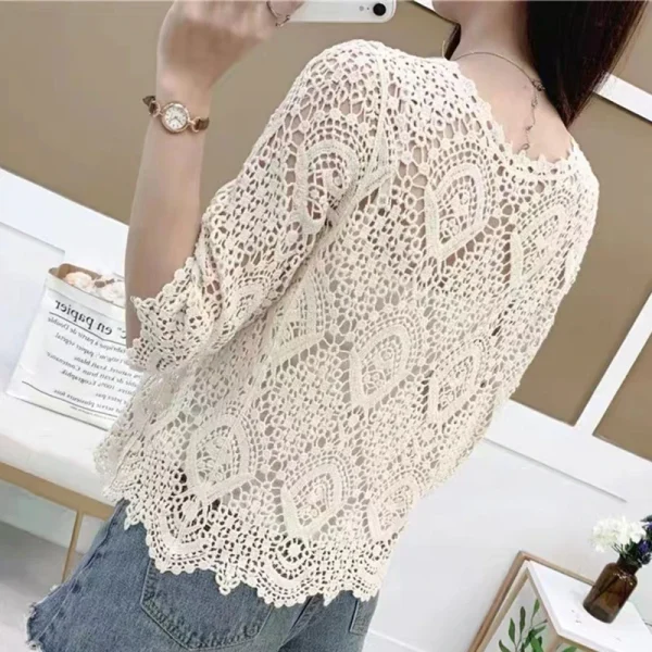 Women Knitted Lace Shrug Boho Hollow Crochet Floral 3/4 Sleeves Open Front Cropped Cardigan Elegant Mesh Sweater Coveup - Image 6