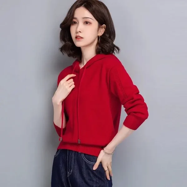 Hooded Sweatshirt Women's Short Cut Small Sweater Knitted Top Western-style Loose Fit Outerwear Base Coat - Image 4