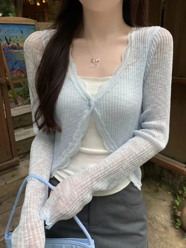 Lace Trim One Button Long Sleeve Crop Top Women Short Sleeve Open Front Ribbed Knit Cardigan Sweater Summer Fairycore Outfit - Image 4