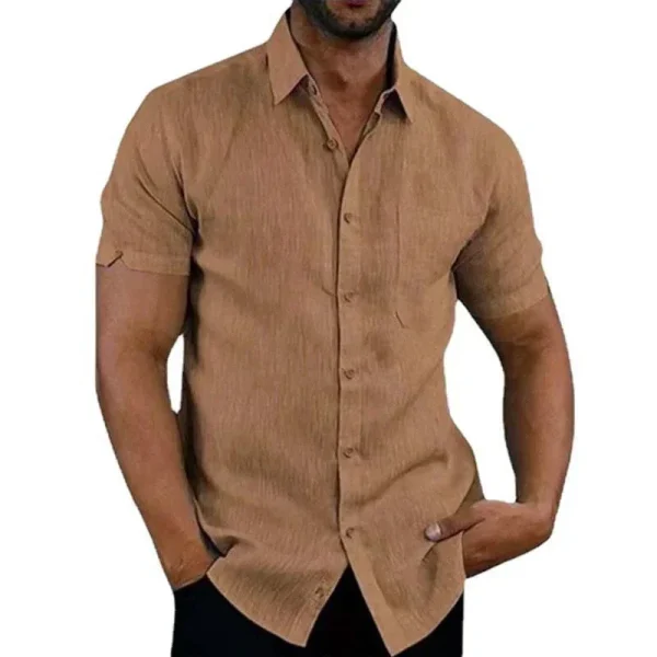 Summer Cotton Linen Shirts for Men Casual Short Sleeved Shirts Blouses Solid Turn-Down Collar Formal Beach Shirts Male Clothing - Image 2