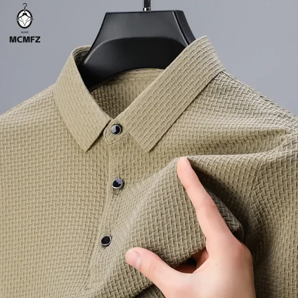 New Men's Checkered Short Sleeved Solid Color POLO Shirt Breathable and Comfortable Elastic Top - Image 3