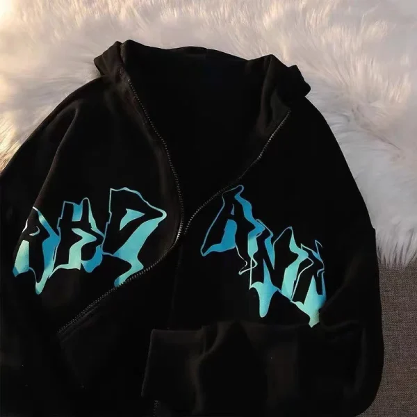 Letter Print Zip Up Hoodies Women Men Jacket Casual Hip Hop Harajuku Streetwear Y2K Clothes Tops Loose Grunge Hooded Sweatshirt - Image 3