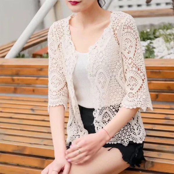 Women Knitted Lace Shrug Boho Hollow Crochet Floral 3/4 Sleeves Open Front Cropped Cardigan Elegant Mesh Sweater Coveup - Image 4