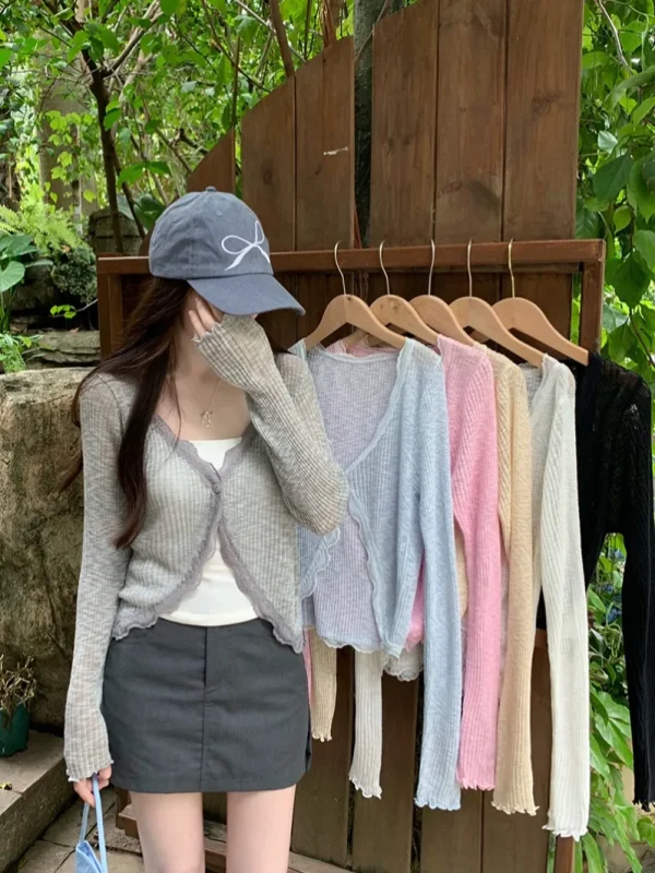 Lace Trim One Button Long Sleeve Crop Top Women Short Sleeve Open Front Ribbed Knit Cardigan Sweater Summer Fairycore Outfit - Image 6