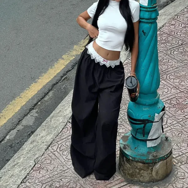Street Lace Embroidery Casual Pants Women's Low Waist Loose Look Thin Spicy Girl Wide Leg Pants - Image 4