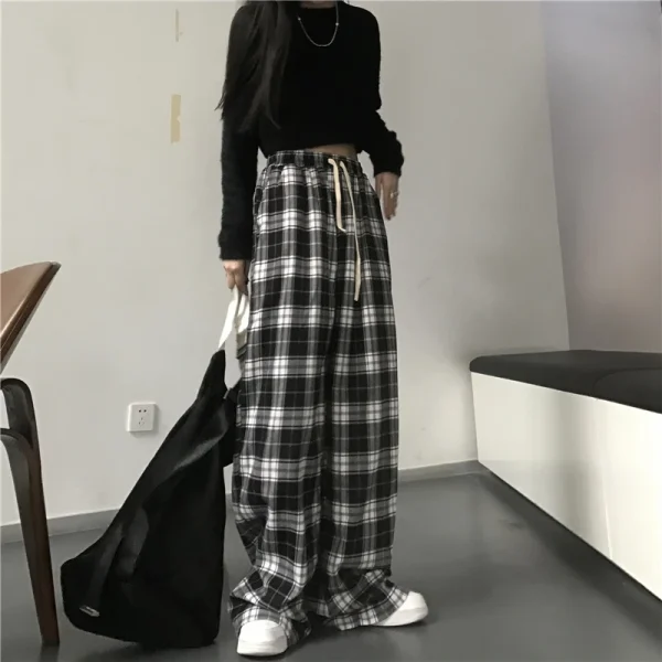 Oversize Women Sweatpants Fashion Black Plaid Casual Pants Baggy Elastic Waist Pockets Student Unisex Hip Hop Loose Trousers - Image 3