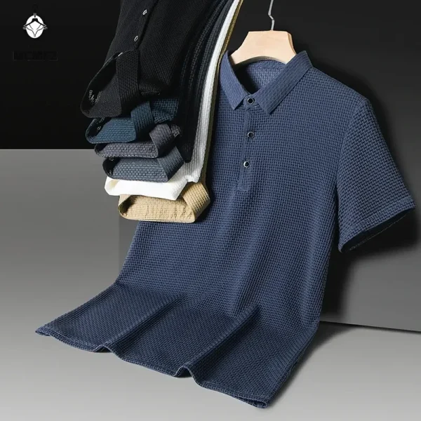 New Men's Checkered Short Sleeved Solid Color POLO Shirt Breathable and Comfortable Elastic Top - Image 2