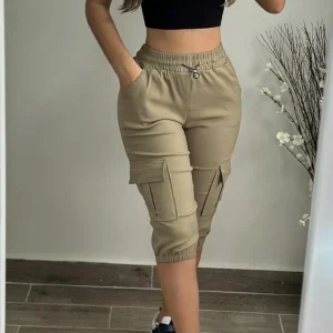 Women's Pants 2024 Summer Fashion Pocket Design Cuffed Drawstring Casual Plain High Waist Skinny Daily Knee-Length Pants
