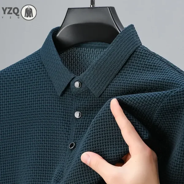 New Men's Business Casual Checkered Short Sleeved Solid Color POLO Shirt Fashionable Breathable and Comfortable Elastic Top - Image 3